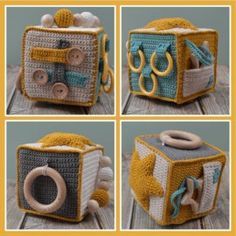 Gratis haakpatroon | Durable | Activiteitenkubus | Gratis haakpatronen | opmaatgehaakt Crochet Baby Projects, Crochet Baby Gifts, Crochet Nursery, Crochet Toys Free, Crochet Toddler, Crochet Baby Toys, Baby Sewing Projects, Haken Baby, Crochet Baby Patterns