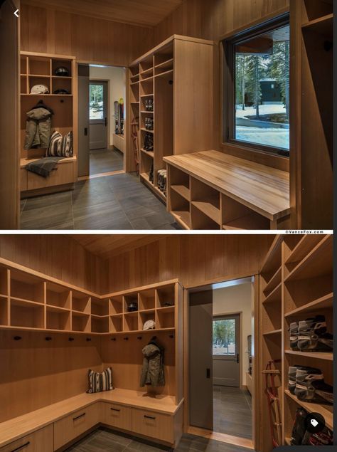 Mountain Modern Mudroom, Ski Mudroom Ideas, Ski Mudroom, Ski Mud Room, Gear Room Ideas, Cabin Storage, Ski House Decor, Casa Garage, Modern Mountain House