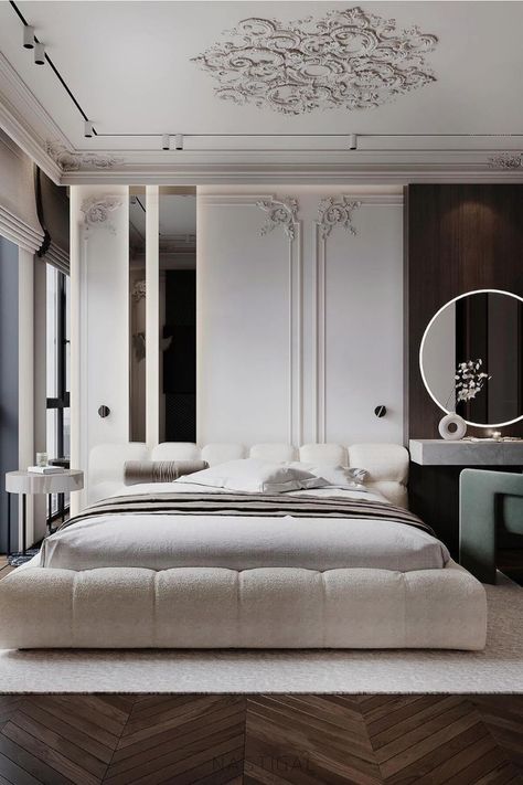 Upgrade your sleeping quarters with aesthetic bedroom ideas that cater to modern sensibilities. Get inspired by cozy nooks, stylish storage solutions, and artistic decor that make your bedroom a personal haven Elegant Bedroom Design, Unique Bedroom Design, Beautiful Bedroom Decor, Parisian Interior, Classical Interior, Bathroom Inspiration Modern, Bathroom Design Trends, Modern Luxury Bedroom, Modern Bedroom Interior