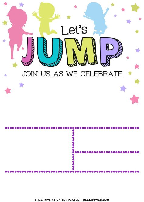 10+ Let’s Jump Party Invitation Templates For Your Kids Next Bash | Beeshower Trampoline Party Invitations, Trampoline Birthday Invitations, Jump Party Invitations, Trampoline Birthday Party, Trampoline Party, Birthday Party Invitations Free, Jump Party, Free Printable Baby Shower Invitations, Boho Baby Shower Invitations