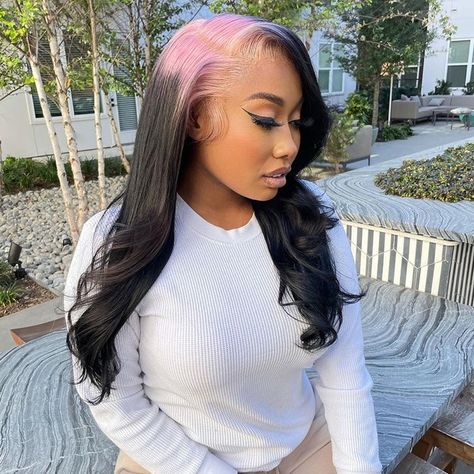 Colored Roots Wig, Pink Roots Black Hair, Colored Roots, Pink Roots, Skunk Stripe, Root Color, Wig Ideas, Hair Body Wave, Sew Ins