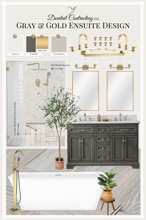 Gray & gold ensuite design by Dovetail Contracting LLC located in Post Falls, ID. Gold White And Grey Bathroom, Charcoal And Gold Bathroom, Spa Bathroom Mood Board, Gray Gold Bathroom, Tan And Gray Bathroom, Gold Ensuite, Gray And Gold Bathroom, Grey And Gold Bathroom, Gray Bathrooms