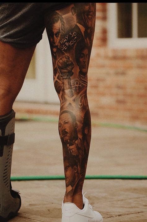 Odell Beckham Jr Tattoos Leg, Obj Tattoos Leg, Mens Legs Sleeve Tattoo, Kneecap Tattoo Ideas Men, Leg Tattoo Men Black, Back Of Leg Tattoos Men, Back Leg Tattoo Men, Leg Tattoo Black Men, Leg Sleeve Tattoo Male Black