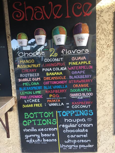 Snow Cone Sign Ideas, Snow Cone Menu Ideas, Shaved Ice Menu Board Ideas, Snowball Stand Ideas, Snowcone Flavor Combos, Shaved Ice Cart, Snowcone Trailer Ideas, Snow Cone Trailer Ideas, Snowcones Ideas