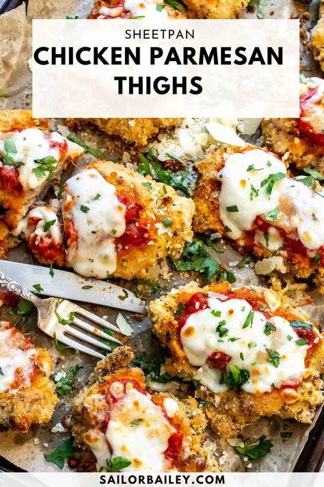 Parmesan Chicken Thighs are so easy to make. They are baked, not fried all on one sheet pan. Great to feed a crowd or meal prep! 
 via @sailor_bailey Chicken Thigh Parmesan Recipe Baked, Boneless Chicken Thigh Parmesan Recipe, Chicken Thigh Parmesan, Chicken Thigh Parmesan Recipe, Chicken Thigh Sheet Pan Dinner, Chicken Thigh Sheet Pan, Parmesan Chicken Thighs, Bailey Recipes, Sailor Bailey