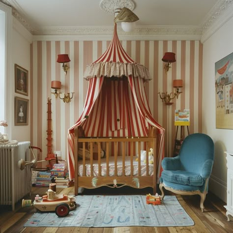 Circus Theme Room, Circus Themed Nursery, Circus Theme Nursery, Vintage Circus Bedroom, Circus Interior, Carnival Nursery Theme, Circus Nursery Theme, Circus Themed Bedroom, Nursery Cottagecore