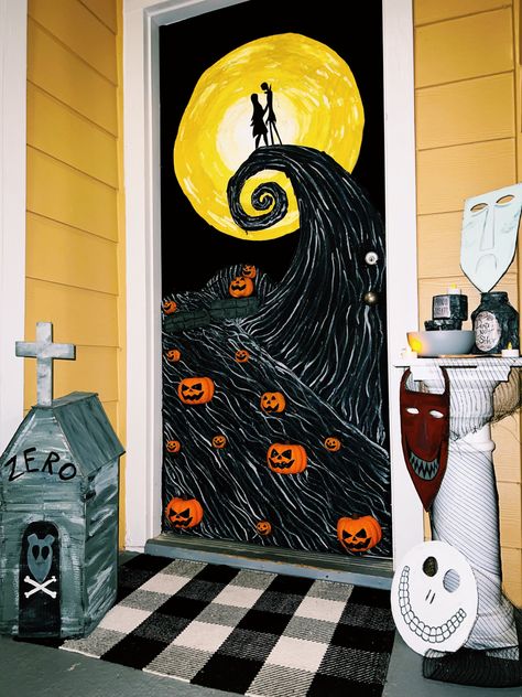 Halloween Door Cover Ideas, Halloweentown Door Decorations, Halloween Door Decorations Classroom Nightmare Before Christmas, Door Decorating Ideas For Halloween, Halloween Door Painting Ideas, Halloween Office Door Ideas, Nightmare Before Christmas Door Decorating Contest, Halloween Door Decorations Contest Apartment, Halloween Decorated Door