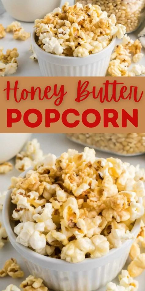 Honey Butter Popcorn, Outdoor Theater Ideas, Homemade Popcorn Recipes, Puffed Corn Recipes, Popcorn Homemade, Easy Honey Butter, Popcorn Seasoning Recipes, Movie Foods, Gourmet Popcorn Recipes