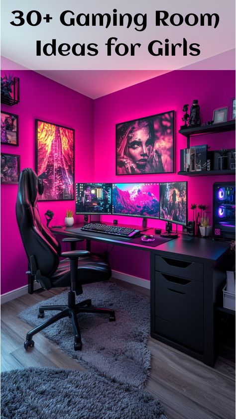 A dynamic gaming room filled with striking pink and purple tones, featuring vibrant lighting and a high-end gaming setup, designed to reflect a bold personality with lively decor and exciting LED lights. Gaming And Office Room Setup, Game Streaming Setup, Office Room Setup, Gaming Room Ideas, Room Ideas For Girls, Gaming Environment, Bold Personality, Gaming Space, Streaming Setup