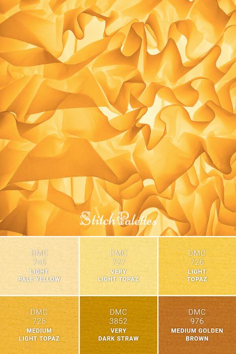 Floss color inspiration for cross stitch and embroidery projects. Thread colors used: DMC 745: Light Pale Yellow / DMC 727: Very Light Topaz / DMC 726: Light Topaz / DMC 725: Medium Light Topaz / DMC 3852: Very Dark Straw / DMC 976: Medium Golden Brown. Palette ID: SPA0445 Yellow And Cream Color Palette, Yellow Brown Palette, Dark Yellow Color Palette, Topaz Color Palette, Yellow Brown Color Palette, Golden Color Palette, Stitch Palettes, Golden Palette, Medium Golden Brown