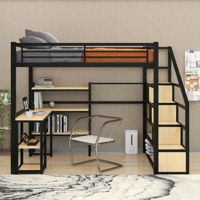 Multi-functional storage: There are bookshelves as well as shelves on both sides under the bed to increase storage space. Higher safety: The bed has a headboard and footboard at both ends, and guardrails are installed on both sides of the bed to improve the safety of children when they play and sleep. Higher comfort: The bed has a built-in staircase, making it easier and more comfortable to climb. | Mersie Full Metal Slats Loft Bed w / Bookcase by Mason & Marbles Metal in Black | 70.3 H x 54.7 W Small Loft Bed, Loft Bed Metal, Loft Bed Studio Apartment, Loft Bed Ideas For Small Rooms, Cool Loft Beds, Loft Beds For Teens, Storage Staircase, Custom Bunk Beds, Metal Loft Bed