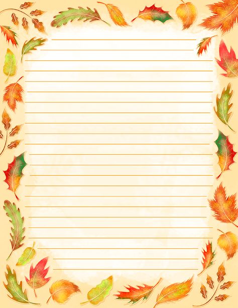 Free printable watercolor fall leaves stationery in JPG and PDF formats. The stationery is available in lined and unlined versions. Download it at https://museprintables.com/download/stationery/watercolor-fall-leaves/ Fall Writing Paper, Free Printable Stationery Paper, Watercolor Fall Leaves, Paper Template Free, Writing Paper Template, Stationary Printable, Printable Lined Paper, Fall Writing, Lined Writing Paper