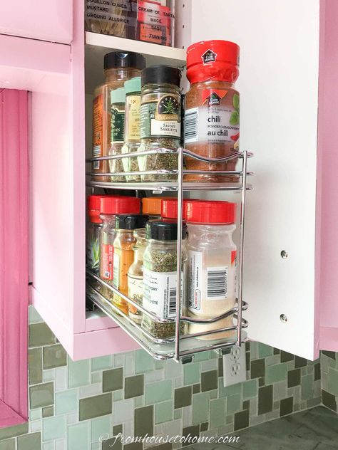 Narrow Spice Rack, Narrow Pull Out Spice Cabinet, Narrow Spice Cupboard Organization, Slim Cabinet Storage Kitchen, Seasoning Pull Out Cabinet, Slim Cupboard Storage, Narrow Upper Cabinet Storage Kitchen, Narrow Kitchen Cabinet Storage Ideas, Narrow Cupboard Storage