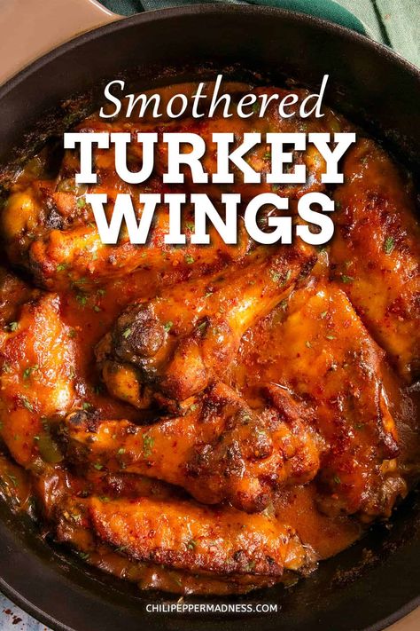 Smothered turkey wings are a southern classic dish of turkey wings smothered and slowly simmered in a rich gravy until tender and flavorful, so comforting. Barbecue Turkey Wings, Smoked Smothered Turkey Wings, Soul Food Turkey Wings, Turkey Wings And Dressing, Crockpot Smoked Turkey Wings, Stew Turkey Wings Recipes, Turkey Wings Recipe Soul Food Crock Pot, Grilled Turkey Wings Recipe, Slow Cooker Smothered Turkey Wings