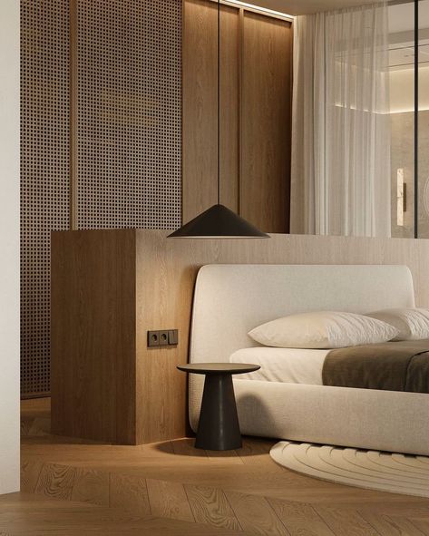 Danish Bedroom Design, Bed In Middle Of Room, Danish Bedroom, Hotel Headboard, Scandi Japandi, Bathroom Wardrobe, Sheraton Hotel, Minimalistic Interior, Wardrobe Bedroom