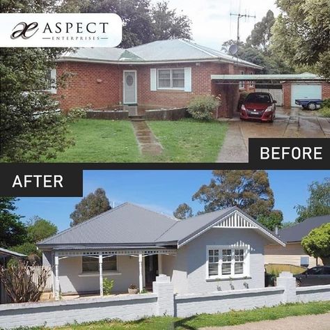 Colourbond roof, painted brick makeover on 1960s brick veneer Australian house 1960s House Renovation Australia, Painted Brick House Australia, Painted Brick House Exterior Australia, Australian Brick House Exterior Makeover, 1960s Renovation, Colourbond Roof, Unit Renovation, Brick Makeover, 1960s House Renovation