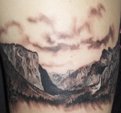 Yosemite Valley Tattoo by ~GeocachingOdder on deviantART Yosemite National Park Tattoo, Yosemite Tattoo Ideas, Mountain Valley Tattoo, National Parks Tattoo, Yosemite Tattoo, National Park Tattoo, Colorado Tattoos, Mountain Sleeve Tattoo, Colorado Tattoo