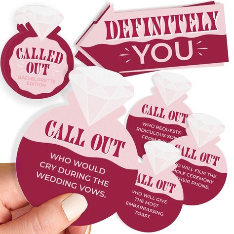 [Promotion] Called Out Bachelorette Edition Party Game: Get Ready To Point, Laugh, And Vote As You Race To Collect The Most Cards And Claim The Title Of Ultimate Most Likely To Be Called Out Person! Quick And Easy Setup: Simply Shuffle The Deck, Distribute The Arrows, And You're Ready For 30  Minutes Of Bridal Shenanigans; Ages 21 . Just Need A Minimum Of 9 Players! How To Play: Have Each Player Chose An Arrow. Take Turns Reading A Card Aloud. Count To 9 #spookybachelorettepartygames Bachelorette Card, Game Bachelorette Party, Bachelorette Party Games Drinking, Bridal Shower Activity, Bachelorette Party Game, Party Card Games, Bridal Shower Activities, Awesome Bachelorette Party, Wild Night