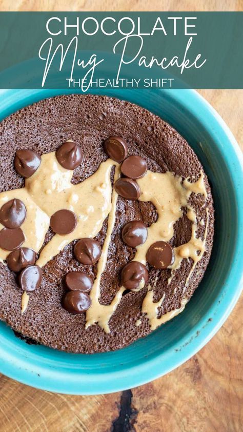 This chocolate mug pancake is a decadent high protein breakfast that you can throw together in less than five minutes! This healthy chocolate treat is sure to keep you satisfied until lunch. #thehealthyshift #mugpancake #glutenfree #breakfast Mug Pancake, Whey Protein Pancakes, Healthy Chocolate Treats, Banana Uses, Chocolate Pancakes, Chocolate Mug Cakes, Chocolate Mugs, High Protein Breakfast, Dairy Free Milk