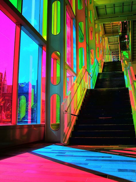 Coloured Lighting, Colourful Architecture, Estilo Kitsch, Glass Stair, Visuell Identitet, Colorful Lighting, Colour Architecture, Colorful City, Rainbow Aesthetic