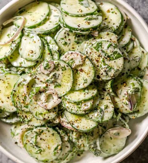 This Cucumber and Greek Yogurt Salad is a healthier take on the classic creamy cucumber salad. Herby, creamy and crisp, an easy side dish! Cucumber Creamy Salad, Greek Yogurt Salad, Cucumber Yogurt Salad, Healthy Cucumber Salad, Korean Cucumber Salad, Greek Cucumber Salad, Yogurt Salad, Greek Yogurt Dressing, Cucumber Yogurt