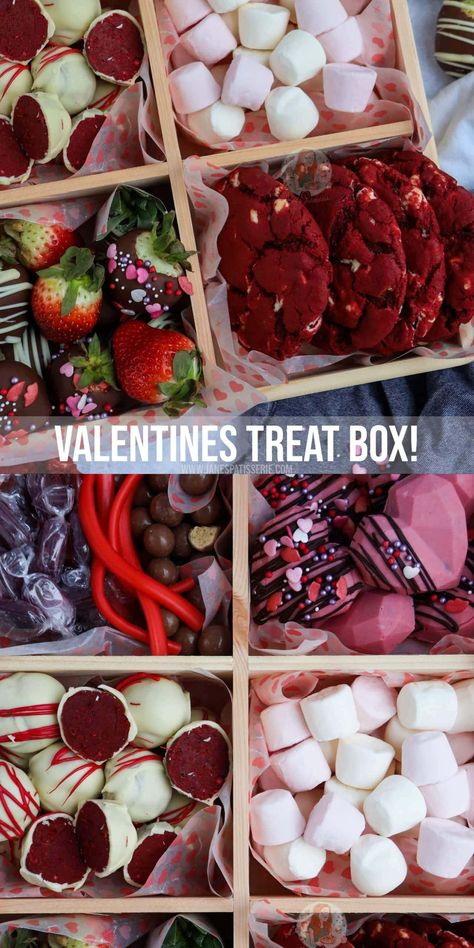 Valentine's Treat Box! - Jane's Patisserie Valentine Baking Recipes, Chocolate Coated Strawberries, Marshmallow Sweets, Chocolate San Valentin, Valentines Recipes Desserts, Janes Patisserie, Strawberry Box, Valentines Baking, Fruity Treats