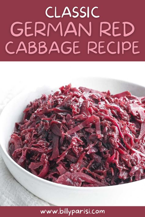 This classic German Red Cabbage Recipe is braised until tender with wine, spices, sugar, and vinegar for an unbelievable vegetable side dish. This is an incredibly popular side item to serve alongside main proteins. It has robust flavors and is a great compliment to any main entrée. You will fall in love with the taste of this amazing cabbage recipe. Cooking Purple Cabbage, German Vegetables, German Red Cabbage, Sweet And Sour Cabbage, German Dishes, Sour Cabbage, German Food Authentic, Red Cabbage Recipes, German Cooking