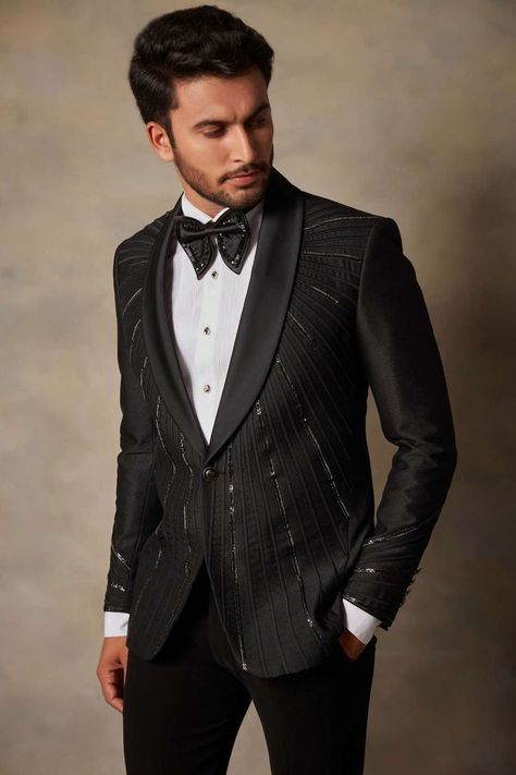 Black Polyester Viscose Embellished Tuxedo and Pant Set for Men Fancy Tuxedo For Men, Men Suit Fashion, Designer Tuxedo, Wedding Dresses Men Indian, Off White Jacket, Wedding Dress Men, Designer Suits For Men, Tuxedo Pants, Black Tape