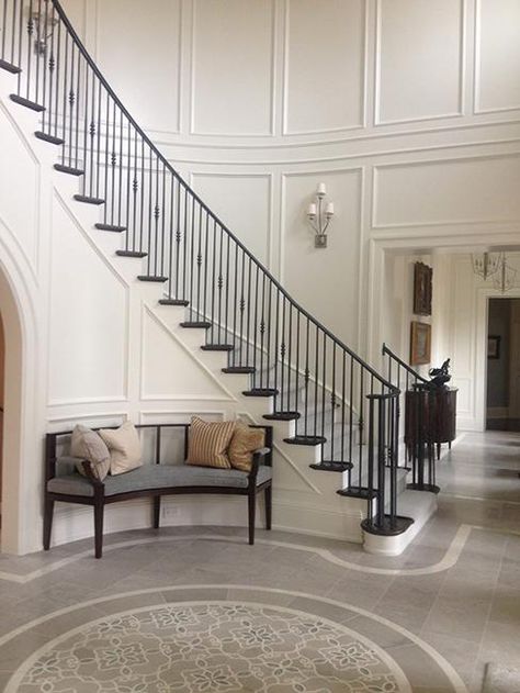 Curved Staircase Foyer, درج السلم, Entryway Stairs, Entryway Tile, Foyer Staircase, Foyer Flooring, Entryway Flooring, Large Foyer, Staircase Decor