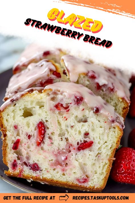 Delight your taste buds with our Glazed Strawberry Bread! Bursting with fresh strawberry flavor and topped with a sweet glaze, this aromatic bread recipe is a must-try. Perfect for breakfast, desserts, or as a special treat  start reaping hearty compliments by sharing it with your loved ones today! Follow the easy steps on our pin now and revel in its deliciousness. Don't forget to pin it to your favorite dessert board! Strawberry Buckle Recipe, Strawberry Sweet Bread, Glazed Strawberry Bread, Strawberry Loaf Bread, Strawberry Quick Bread, Strawberry Bread Recipe Easy, Bake With Strawberries, Strawberry Breakfast Recipes, Strawberry Bread Pudding