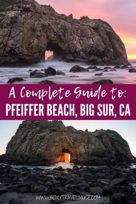 A complete guide to Pfeiffer Beach, Big Sur, California, the land of the purple sand! See the best things to do at Pfeiffer Beach, how to get to Pfeiffer Beach, and quick tips on what to bring. Pfeiffer Big Sur State Park, Coastal Camping, Big Sir, California Vacation Ideas, Cali Beach, California Coast Road Trip, Pfeiffer Beach, Los Padres National Forest, Dreamy Places