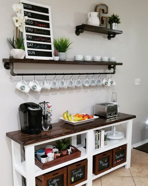 Coffee Bar Industrial, Buffet With Shelves Above, Diy Coffee Bar Table, Bar Shelf Ideas, Shelving Diy, Goth Industrial, Diy Pipe Shelves, Coffee/wine Bar, Pipe Shelving