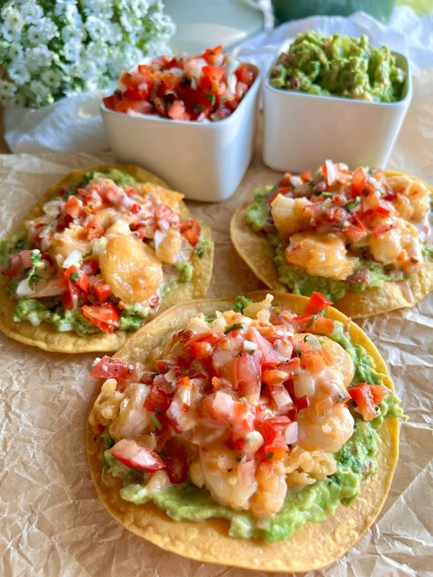 Bang Bang Shrimp Tostadas - Kenna's Cooks Shrimp Tostada, Avocado Tostadas, Toasted Corn, Shrimp Tostadas, Spiced Shrimp, Seafood Party, Chicken Tostadas, Shrimp Avocado, Corn Tortilla