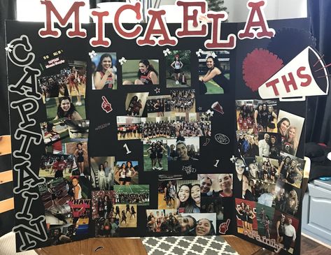 Senior cheer board ideas Cheer Poster Board Ideas, Cheer Senior Board Ideas, Senior Night Posters Trifold, Senior Night Picture Board, Senior Night Photo Board, Senior Picture Board Ideas, Cheer Senior Table, Senior Cheer Board Ideas, Senior Night Table Display Cheer