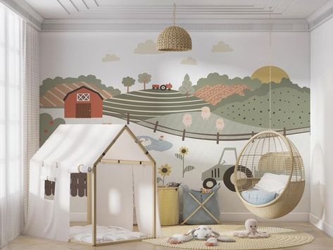 Farm Animal Playroom, Farmyard Bedroom, Children Bedroom Wallpaper, Boys Farm Bedroom, Playroom Murals, Tractor Bedroom, Farm Mural, Childrens Bedroom Wallpaper, Playroom Mural