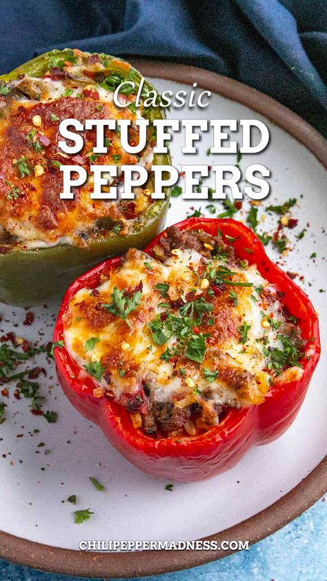 Classic Stuffed Peppers looking extremely delicious Best Stuffed Pepper Recipe, Classic Stuffed Peppers, Seasoned Ground Beef, Bell Pepper Recipes, Melty Cheese, Dinner Recipes For Family, Beef Recipes Easy, Peppers Recipes, Beef Recipes For Dinner