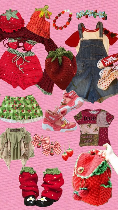 strawberry vibes outfit ideas / inspo Fruit Aesthetic Outfit, Fruitcore Outfits, Strawberry Themed Outfit, Food Inspired Outfits, Strawberry Shortcake Outfit Inspiration, Maxi Aesthetic, Strawberry Vibes, Strawberry Shortcake Outfits, Strawberry Ideas