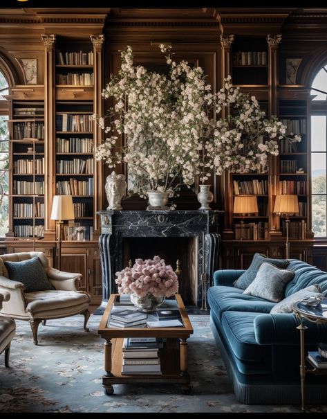 French Regal Decor, Victorian Homes Interior Vintage, Modern Victorian Library, Victorian Hotel, Library Inspiration, Home Library Design, Office Inspo, Bright Homes, Home Libraries