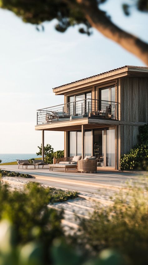 Stylish Beach House with Ocean View Deck Danish Beach House, Modern House By The Beach, Modern Beach House Plans Ocean Views, Cozy Beach House Exterior, Seaside House Exterior, House Beach View, Airbnb Moodboard, House On Piers, House With Ocean View