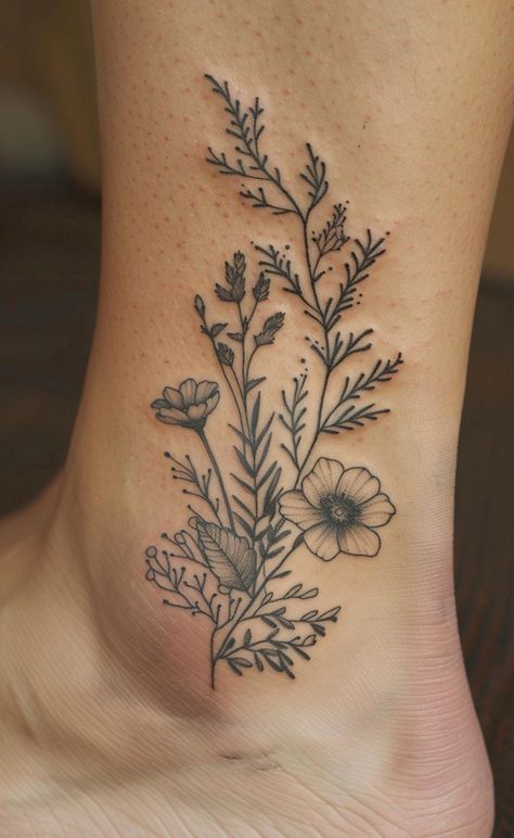 Discover the serene beauty of nature inked on skin with this exquisite botanical tattoo, embodying the wild and free essence of the earth. Cherish this art, save & follow for more inspiration. This ankle-adorned masterpiece showcases a delicate ensemble of wildflowers and herbs, including the poignant poppy. Each stroke celebrates life's intricate details and the resilience found in the natural world. Admire the finesse of black ink, capturing the spirit of flora in permanent bloom.  #BotanicalT Floral Nature Tattoo, Oregon Wildflowers Tattoo, Wild Poppy Tattoo, Delicate Nature Tattoo, Nature Wrist Tattoo, Wildflower Tattoo Black And White, Ecosystem Tattoo, Wandering Tattoo, Colorado Wildflowers Tattoo