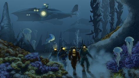 20,000 Leagues under the sea Netflix series concept design, Roger Kashmir on ArtStation at https://www.artstation.com/artwork/GXkr8z Under The Sea Artwork, Deep Sea Diver Art, 20000 Leagues Under The Sea, Under The Sea Art, Diver Art, Cave Story, Fallout Concept Art, Sea Artwork, Underwater City