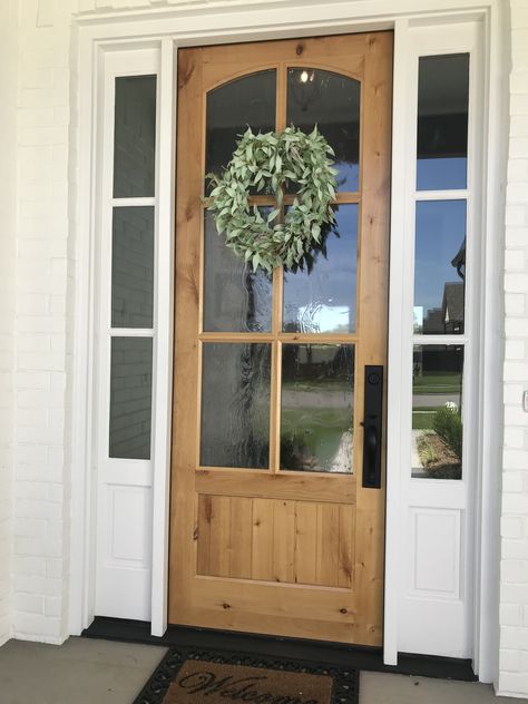 Wood Door With White Sidelights, Wooden Glass Front Door, Natural Wood Exterior Door, Front Door With Arched Window, Jeld Wen Doors Exterior, Exterior Doors With Glass Panels Modern, Wooden Front Doors With Glass Panels, Vintage Front Door Ideas, Wood Front Doors With Glass Panels