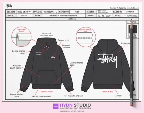 Stussy Hoodie Design Reference Tech Pack on Behance Brand Hoodie Design, Back Hoodie Design, Hoodies Back Design, Back Of Hoodie Design, Hoodie Layout, Hoodie Tech Pack, Tech Pack Fashion, Hoodie Back Design, Hoodie Business