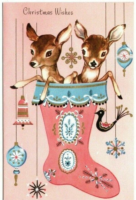 Vintage Christmas Deer, Pink Christmas Cards, Pink Stocking, Stocking Ornaments, Vintage Pink Christmas, A Pink Christmas, Pink Art Deco, Pink Xmas, Ornaments Vintage