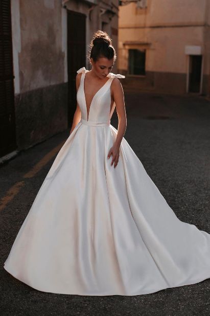 Low Back Wedding Gowns, Simple Satin Wedding Dress, Bow Wedding Dress, White Wedding Dress, V Neck Wedding Dress, Wedding Dresses Satin, Lace Bridal Gown, Allure Bridal, Satin Wedding Dress