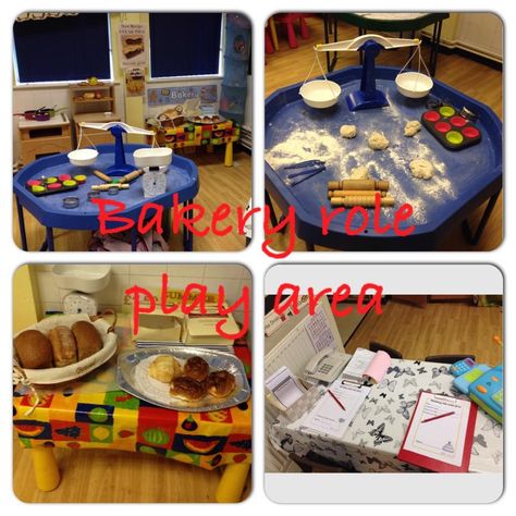 This is our bakery role-play area in our EYFS reception class. Real dough, scales, rolling pins, cake cases, bread, paper bags, kitchen set, till, phone etc. The children have loved it. Tomorrow we are going to make crispy cakes and sandwiches. Role Play Areas Eyfs, Little Red Hen Activities, Gingerbread Man Story, Play Bakery, Gingerbread Man Activities, Reception Class, Role Play Areas, Eyfs Classroom, Dramatic Play Preschool