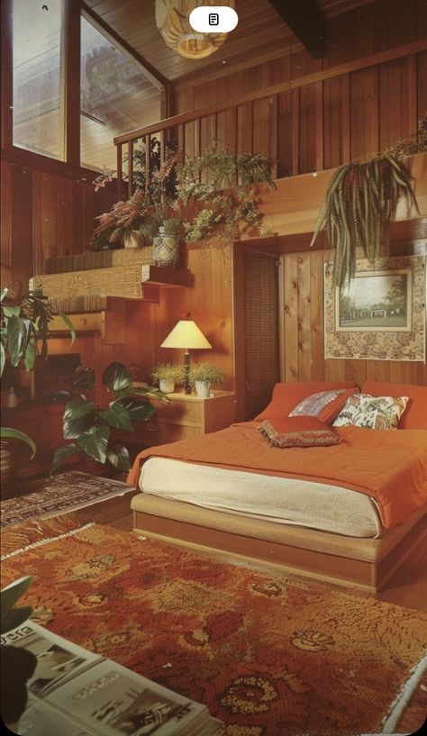 70s Architecture Bedroom, Retro 70s Apartment, 1970s Apartment Decor, 70s Cabin Exterior, 70s Cozy Bedroom, 1970s Bedroom Ideas, 70s Cabin Decor, 70s Art Deco Interior Design, 70’s Bedroom Aesthetic