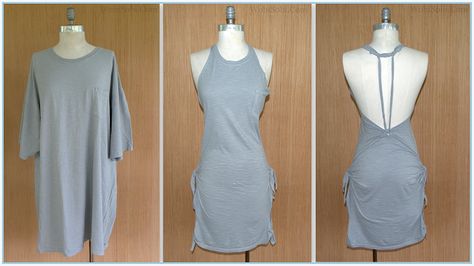 WobiSobi: No Sew, Grey, Summer Tee-shirt Dress: DIY. Tshirt Dress Diy, Shirt Dress Diy, Revamp Clothes, Umgestaltete Shirts, Cut Shirt Designs, Robe Diy, Diy Cut Shirts, Summer Tee Shirts, Diy Clothes Refashion