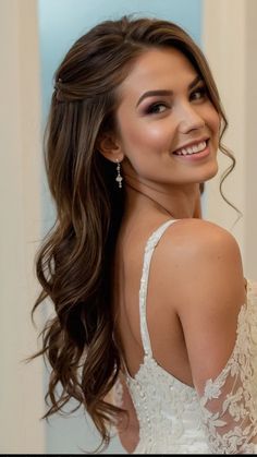 Wedding Party Ponytail Hairstyles, Down Side Hairstyles Wedding, Simple Wavy Bridal Hair, Down Long Hair Wedding Styles, Bride Hair Down Tucked Behind Ears, Hair Styles One Side Pulled Back Half Up, Wedding Hair For Bridesmaids Updo, Bridal Hair For Medium Length Half Up, Curls With Side Pinned Back