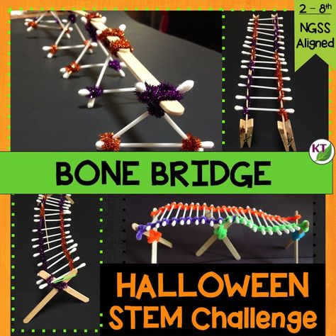 The first big holiday of the school year is upon us! If you want to keep students engaged and working while visions of candy and costumes dance in their brains, you’re going to need something special. Wouldn’t you know it, I’ve got just the thing: Bone Bridge!   Premise: In this challenge, students work in … Halloween Measuring Activities, Halloween Makerspace Ideas, Steam Halloween Activities For Kids, Halloween Building Activities, Halloween Activities For Students, Halloween Crafts 4th Grade, Halloween Craft 4th Grade, Bridge Stem Challenge, 3rd Grade Games